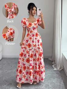 SHEIN Elenzya 优雅休闲度假风女式连衣裙。夏季印花面料，露背系带设计，优雅长裙。适合日常出行、工作通勤、约会、派对、度假、音乐节等多种场合。 - 彩色 - 查看 1