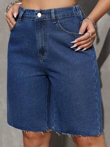 SHEIN Tall Falda vaquera de cintura alta casual de verano para mujer, de longitud hasta la rodilla, con dobladillo deshilachado y bolsillos, en color azul oscuro, perfecta para looks de calle y vacaciones - Azul lavado medio - Ver 3