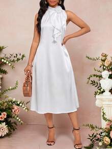 SHEIN Lady 女士纯色简约日常连衣裙，饰有3D立体花卉图案，无袖中长款白色连衣裙，优雅连衣裙，夏季连衣裙，女士连衣裙，优雅经典女士正装连衣裙，度假连衣裙，女士休闲连衣裙，裹身连衣裙，裹身婚礼宾客裹身连衣裙，白色裹身缎面连衣裙，常规尺码女士连衣裙，正式连衣裙，夏季女士休闲连衣裙 - 白色 - 查看 4