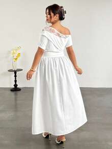 Firerie Plus Size Women's Contrast Lace Asymmetric Neck Short Sleeve Elegant White Dress,Summer Casual Zanzea Wedding,Party & Graduation Dress For Women - White - View 2