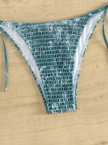 SHEIN Swim 女士夏季沙灘雙肩帶收縮上衣和打結底部比基尼套裝，非常適合度假 - 彩色 - 查看 5