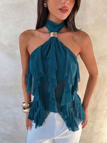 Aloruh Áo tank top ôm dáng cổ đứng nhiều lớp, viền bèo nhún, thanh lịch dành cho nữ - Màu xanh lá cây đậm - Xem 5