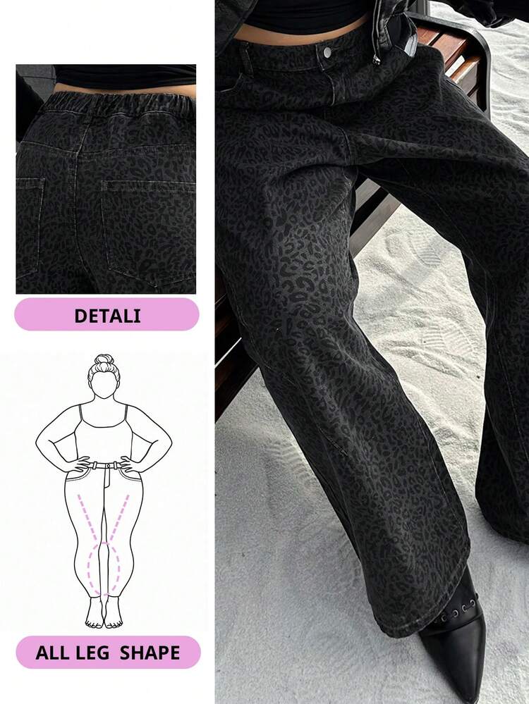 Dazy Plus Plus Size Women Leopard Print Flare Leg Jeans, Fashionable Street Style, Spring/Autumn