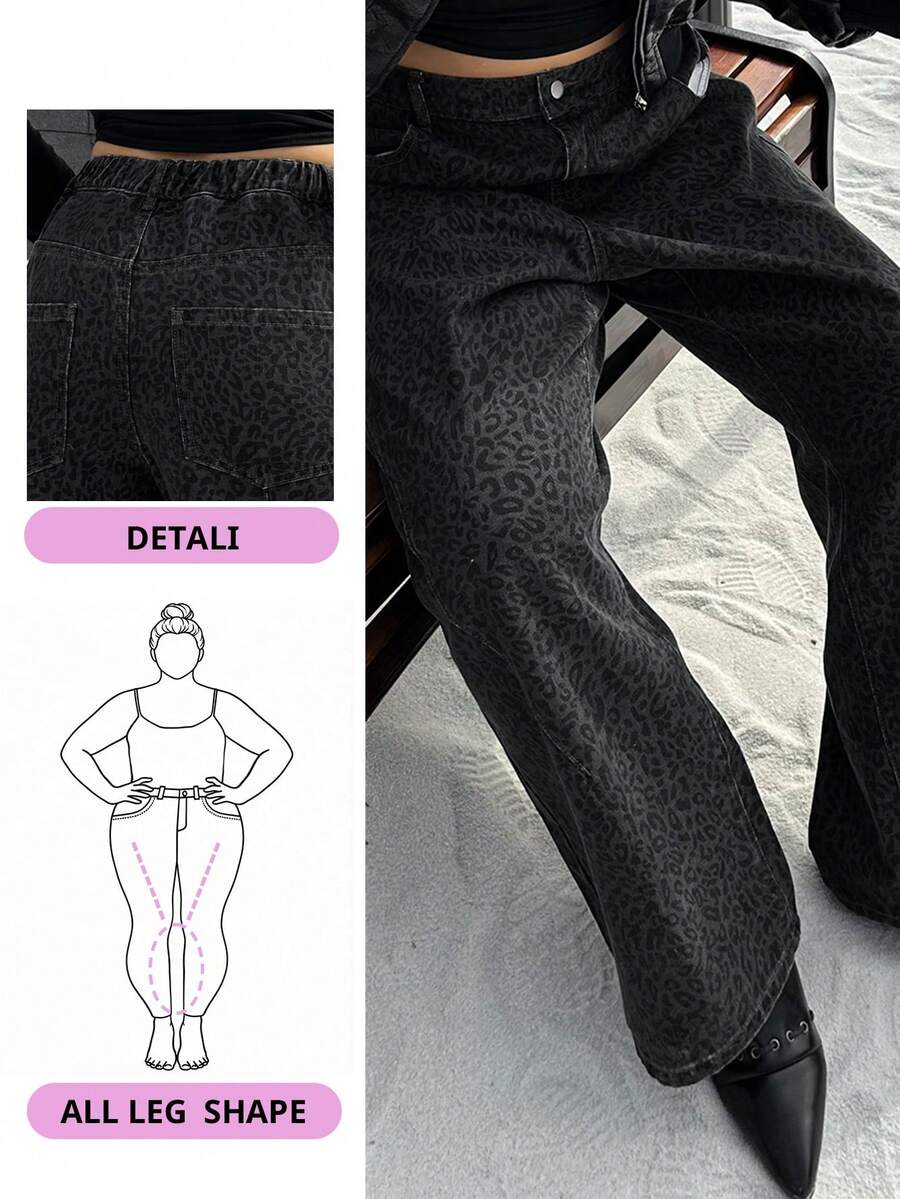 Dazy Plus Plus Size Women Leopard Print Flare Leg Jeans, Fashionable Street Style, Spring/Autumn - Dark Grey - View 1