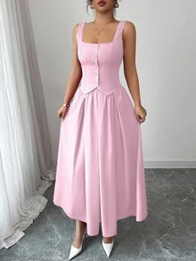 Rafferiza Women's Fashionable Sleeveless Square Neck Single-Breasted Vest And Pleated Flared Skirt 2-Piece Set, Versatile Daily Wear - Baby Pink - View 6