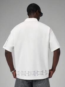 STYNVO Men's Casual Fashion Street Daily Commute Rhinestone Patchwork Dropped Shoulder Loose Shirt, Summer - White - View 2