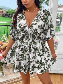 Flirla Plus Size Women Floral Print Drawstring Waist Batwing Sleeve Casual Jumpsuit - Dark Green - View 7