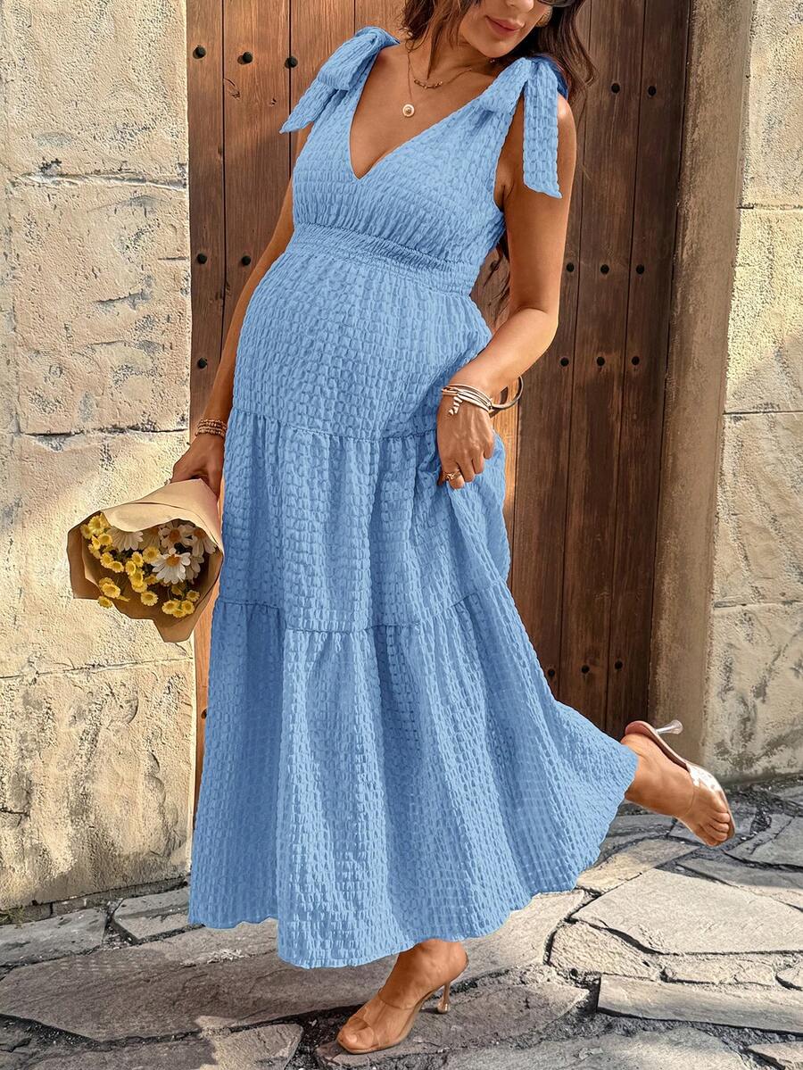Lyckli Maternity Solid Color Deep V-Neck Ruffle Hem Casual Vacation Dress - Baby Blue - View 1