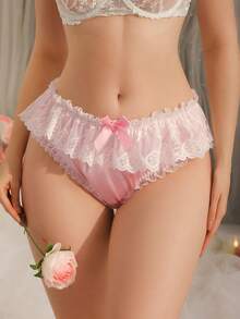 Quần lót không đáy, hở lưng, thắt nơ, viền bèo nhún, chất liệu satin, ôm sát, kiểu dây mảnh, lãng mạn, ngọt ngào, tinh khiết, dễ thương, kiểu babydoll gợi cảm dành cho phụ nữ. - Hồng - Xem 1