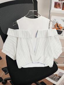 Franclia Áo thun nữ kẻ sọc trễ vai 2 trong 1, trang phục mùa hè. - Màu be - Xem 2