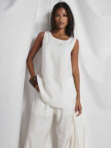 MUSERA 无袖侧开衩垂褶披肩细节褶皱上衣搭配弹力阔腿裤套装出售，可爱假日性感夜生活度假春夏优雅阳光垂褶 - 白色 - 查看 3