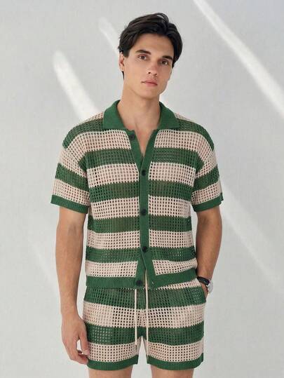 Manfinity Homme Men's Color Block Single-Breasted Knit Short Sleeve Top And Drawstring Waist Knit Shorts Casual Outfit