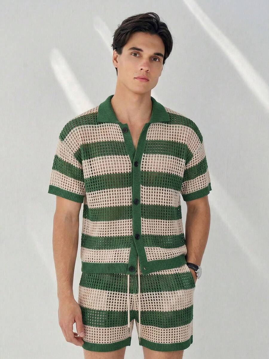 Manfinity Homme 男士撞色单排扣针织短袖上衣搭配抽绳腰针织短裤休闲套装 - 綠色 - 查看 1