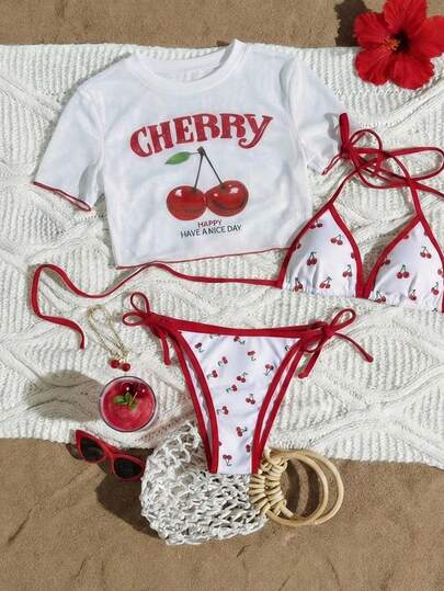 SHEIN MOD 女士樱桃印花露背系带性感比基尼套装，短袖上衣，夏季沙滩装
