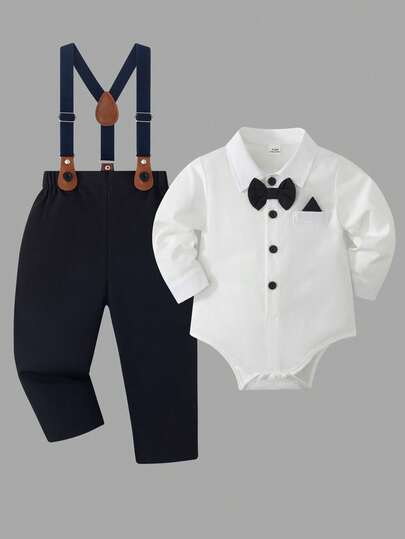 2pcs Baby Boy Romper Set: Long Sleeve Bodysuit With Navy Blue Bow Tie Collar & Button Closure, Paired With Adjustable Navy Blue Bib Pants, Suitable For Weddings, Birthdays, Back To School