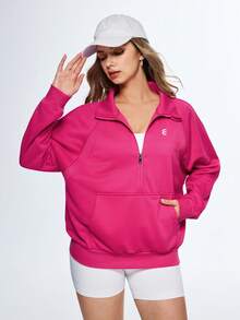 Eassivo Eassivo Women's Half-Zip High Neck Pullover Sweatshirt, Casual Outerwear - Hot Pink - View 5
