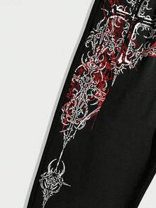 ROMWE MEN Goth Spring Casual Graphic Men'S Drawstring Waist Cross Print Tapered Leg Sweatpants, Dark Style - Black - View 3