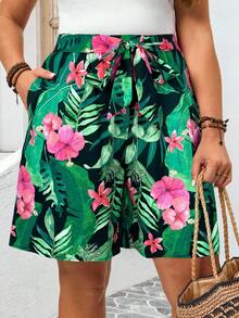 BrightlyHer 彩色热带植物印花高腰系带蝴蝶结口袋波西米亚风宽松百慕大短裤，适合春夏季，加大码 - 彩色 - 查看 7