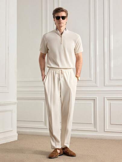 Officeau 1 套男士纯色华夫格面料短袖拉链领 Polo 衫 + 长裤 2 件套西装，男士休闲夏季运动套装