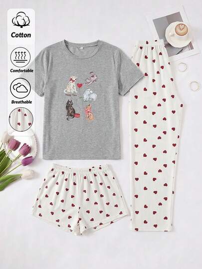 SHEIN Cotton Line Women Cute Animal's Pattern Round Neck Short Sleeve Top& Heart Printed Shorts And Pants Casual 3PCS Set