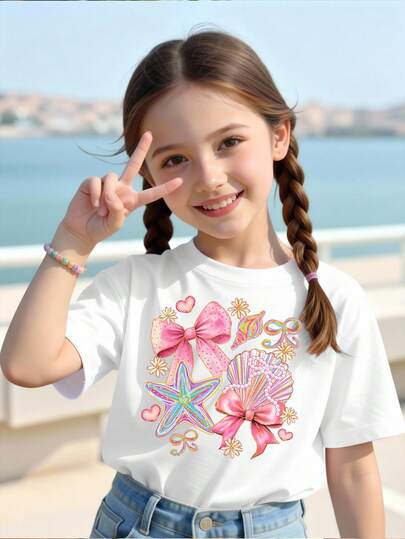 Girls' Casual Creative Colorful Starfish, Shell, Seashell, Star, Bow Graphic Print Basic Short T-Shirt, Comfortable Daily Wear, Suitable For Spring, Summer And Autumn
