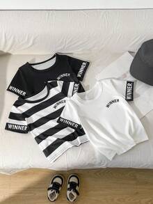 SHEIN Playful Pals 3件套幼儿男童“挑战”胸前印花短袖圆领T恤，休闲街头风夏季套装 - 黑與白 - 查看 2