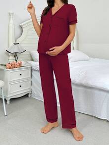 Moonlight&Mama Maternity Casual Short Sleeve Top And Pants Loungewear Set - Burgundy - View 6