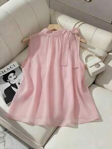 GlowEve 新款春夏时尚侧系带纽扣无袖背心上衣，法式优雅百搭女式衬衫 - 粉色 - 查看 2