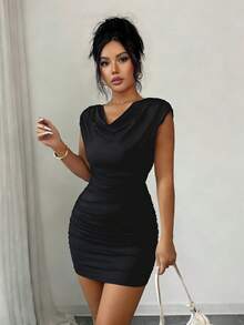Elenzga Vestido corto elegante con cuello de volantes plisados, vestimenta casual para vacaciones y fiestas, vestido de primavera y verano de color rosa para mujeres - Negro - Ver 5