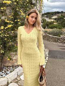 Selianne Spring/Summer Elegant Slim Fit Hollowed-Out Textured Flared Sleeves Yellow Wavy Trim Women's Maxi Beach Vacation Long Sweater Dress - Yellow - View 5