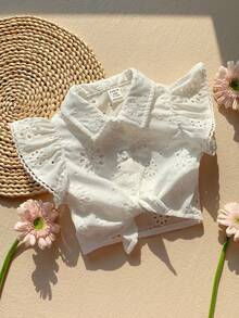 SHEIN 女宝宝可爱夏季度假白色花卉刺绣领短袖衬衫 - 白色 - 查看 5