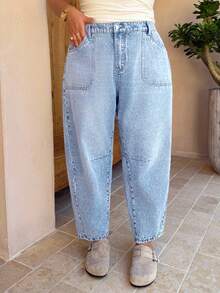 Dripcurv Quần jeans ống rộng có túi dành cho nữ cỡ lớn - Rửa nhẹ - Xem 4