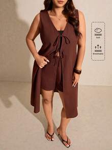 Elaquor Blusa feminina plus size de cor sólida, longa, sem mangas, com amarração frontal, marrom, ideal para férias em resorts. Conjunto de top e shorts marrom para praia, perfeito para quem busca um look de verão. - Castanho Café - Ver 1