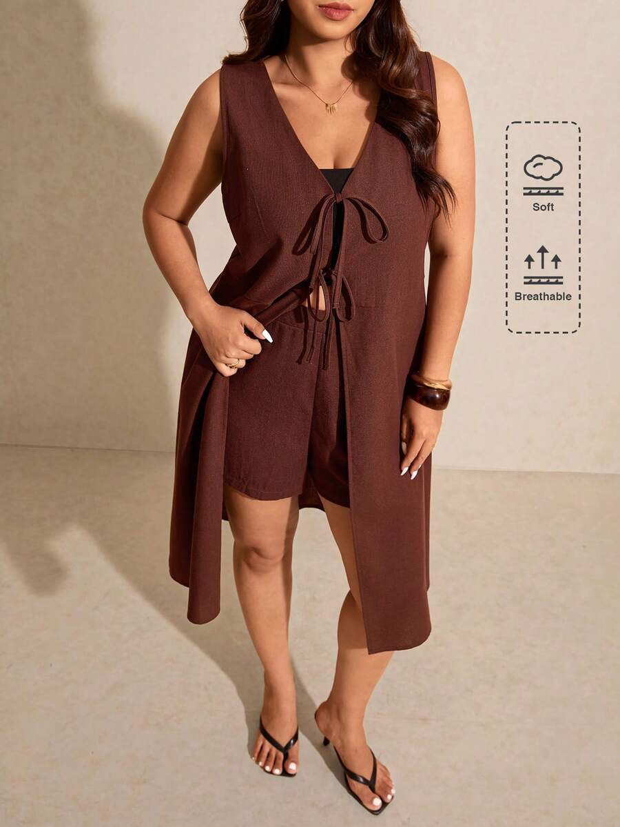 Elaquor Blusa feminina plus size de cor sólida, longa, sem mangas, com amarração frontal, marrom, ideal para férias em resorts. Conjunto de top e shorts marrom para praia, perfeito para quem busca um look de verão. - Castanho Café - Ver 1