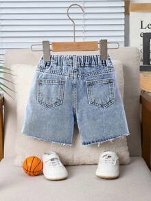 SHEIN Quần short denim rộng rãi, rách rưới, in chữ bóng rổ dành cho bé trai. - Rửa nhẹ - Xem 2