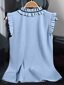 Franclia 荷叶边无袖休闲宽松衬衫，优雅女士衬衫，红色上衣，夏季无袖衬衫，女士上衣和衬衫，蓝色荷叶边衬衫，女士服装，职业衬衫 - 淺藍色 - 查看 2