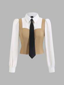 Sweetra 秋冬休闲通勤长袖系领撞色衬衫+阔腿长裤两件套，学院风女装 - 卡其色 - 查看 3