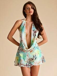 SHEIN BAE Đầm mini dáng chữ A bằng chiffon, cổ chữ V hở lưng, xẻ tà bất đối xứng, họa tiết hoa báo xanh dương, thích hợp cho mùa xuân/hè, phù hợp cho ngày Valentine, tiệc tùng, hẹn hò lãng mạn, kỳ nghỉ hoặc đi làm hàng ngày. - Màu xanh lam - Xem 3