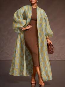 Veslaya 2025 Autumn/Winter New Arrival Fall & Winter Clothes For Women, Music Festival & Halloween Costumes, Western Style Wear, Nomadic Vibe, Birthday Dresses, Daily Casual Wear, Vacation, Cruise Travel, Beach, Sunbathing, Viral Hits, Street Style, Punk Style, Club Outfits, Brown Abstract Retro Print, Organza Retro Print Sheer Puff Sleeve Dramatic Design High Neck Ruched Midi Dress, Club Outfits, Sexy Plus Size Cardigans - Multicolor - View 1