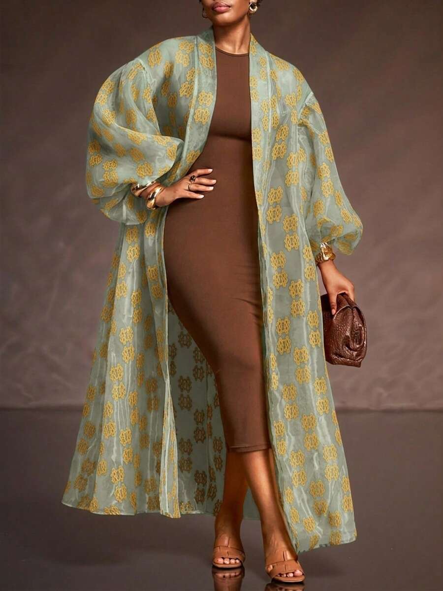 Veslaya 2025 Autumn/Winter New Arrival Fall & Winter Clothes For Women, Music Festival & Halloween Costumes, Western Style Wear, Nomadic Vibe, Birthday Dresses, Daily Casual Wear, Vacation, Cruise Travel, Beach, Sunbathing, Viral Hits, Street Style, Punk Style, Club Outfits, Brown Abstract Retro Print, Organza Retro Print Sheer Puff Sleeve Dramatic Design High Neck Ruched Midi Dress, Club Outfits, Sexy Plus Size Cardigans - Multicolor - View 1