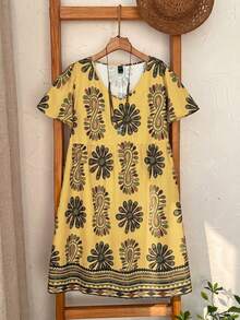 EMERY ROSE Plus Size Floral & Geometric Print Casual Vacation Dress - Mustard Yellow - View 7