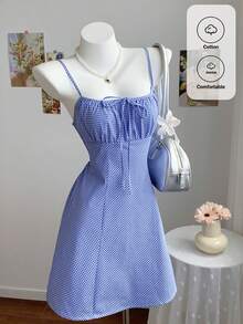 Comfortcana 女士休闲格子吊带迷你连衣裙，夏季 - 藍色 - 查看 9