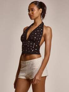 MUSERA Deep Plunge Open Back Silver Studded Ruched Halterneck Top Cute Summer Spring Sexy Going Out Beach Holiday Vacation Honey Tides - Black - View 3