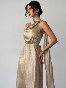 Firerie Women's Elegant Metal Texture Solid Color Halter Neck Dress - Gold - View 5