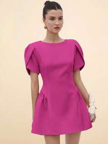 BELROSIE Italian Style Tulip 3D Short Sleeve Round Neck Peplum Hem Split Skirt Women Short Princess Dress - Rose Red - View 4