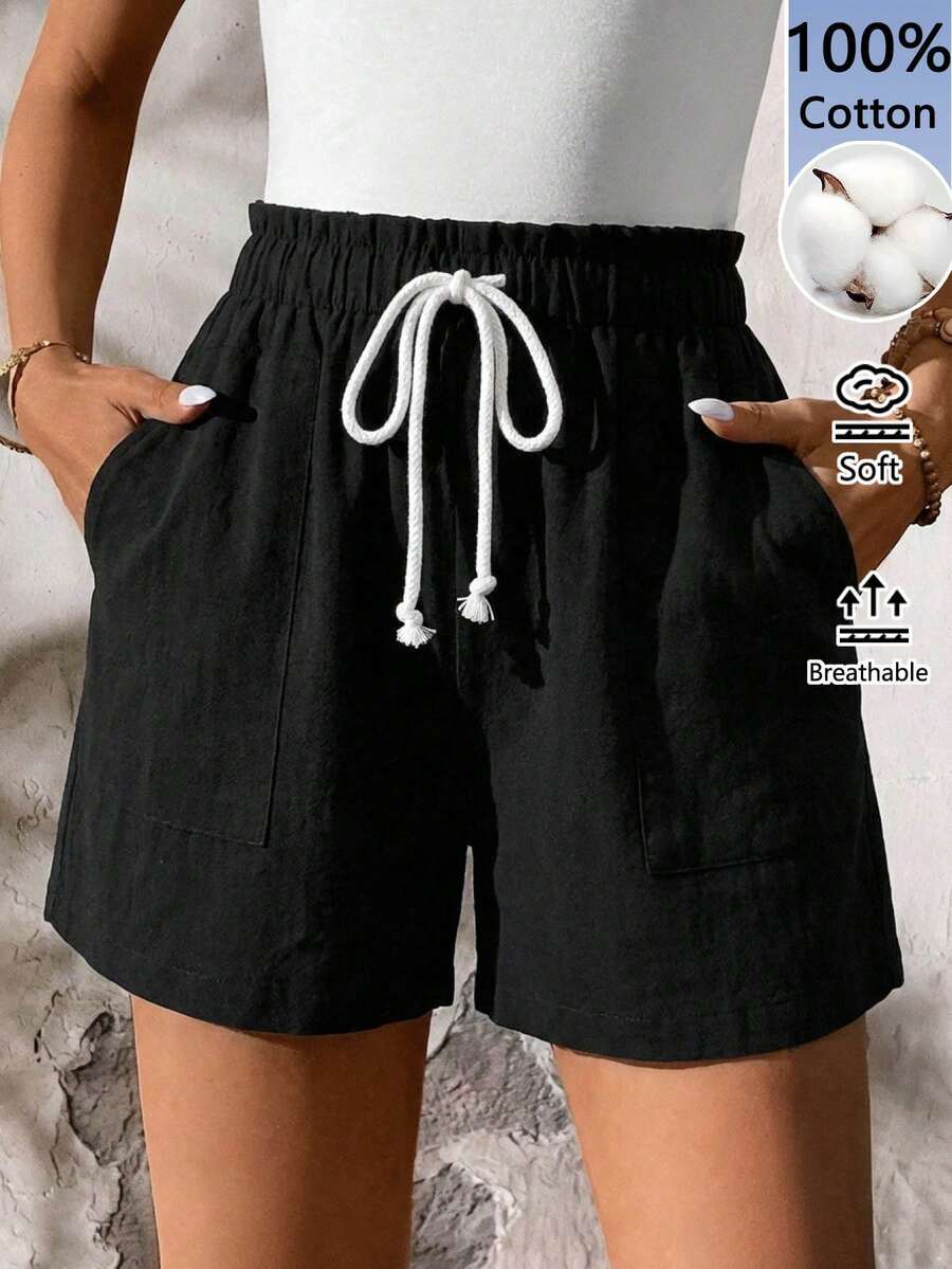 SHEIN LUNE 女士条纹弹力腰棉质短裤,带口袋,休闲夏季款式 - 彩色 - 查看 1
