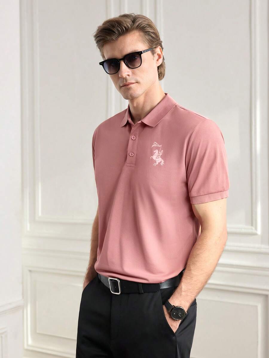 Officeau 男士修身黑色 Polo 衫,透氣輕量辦公戶外商務休閒上衣 - 粉色 - 查看 1