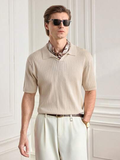 Officeau 男士短袖针织衫，休闲条纹 Polo 领套头针织衫，春秋季