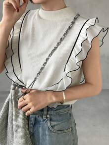 FRIFUL Women's Turtleneck Ribbed Tank Top With Mesh Ruffle Trim Sleeveless Layered T-Shirt - White - View 4