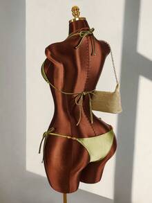 Amplova 女士泳衣套装，偏光闪亮三角系带串珠泳衣，可爱复古Y2K迷你套装，适合海滩度假 - 綠色 - 查看 8